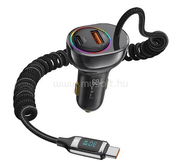 YED autós töltő USB+Type-C aljzat 30W, RGB + fix Type-C kábel, FEKETE